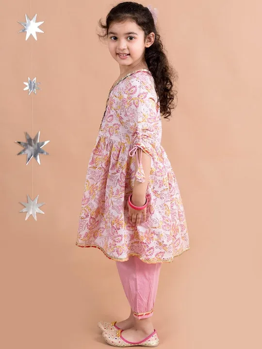 Girls Pink Floral Printed Angrakha Pure Cotton Kurti With Trousers With Dupatta - Ps Peaches