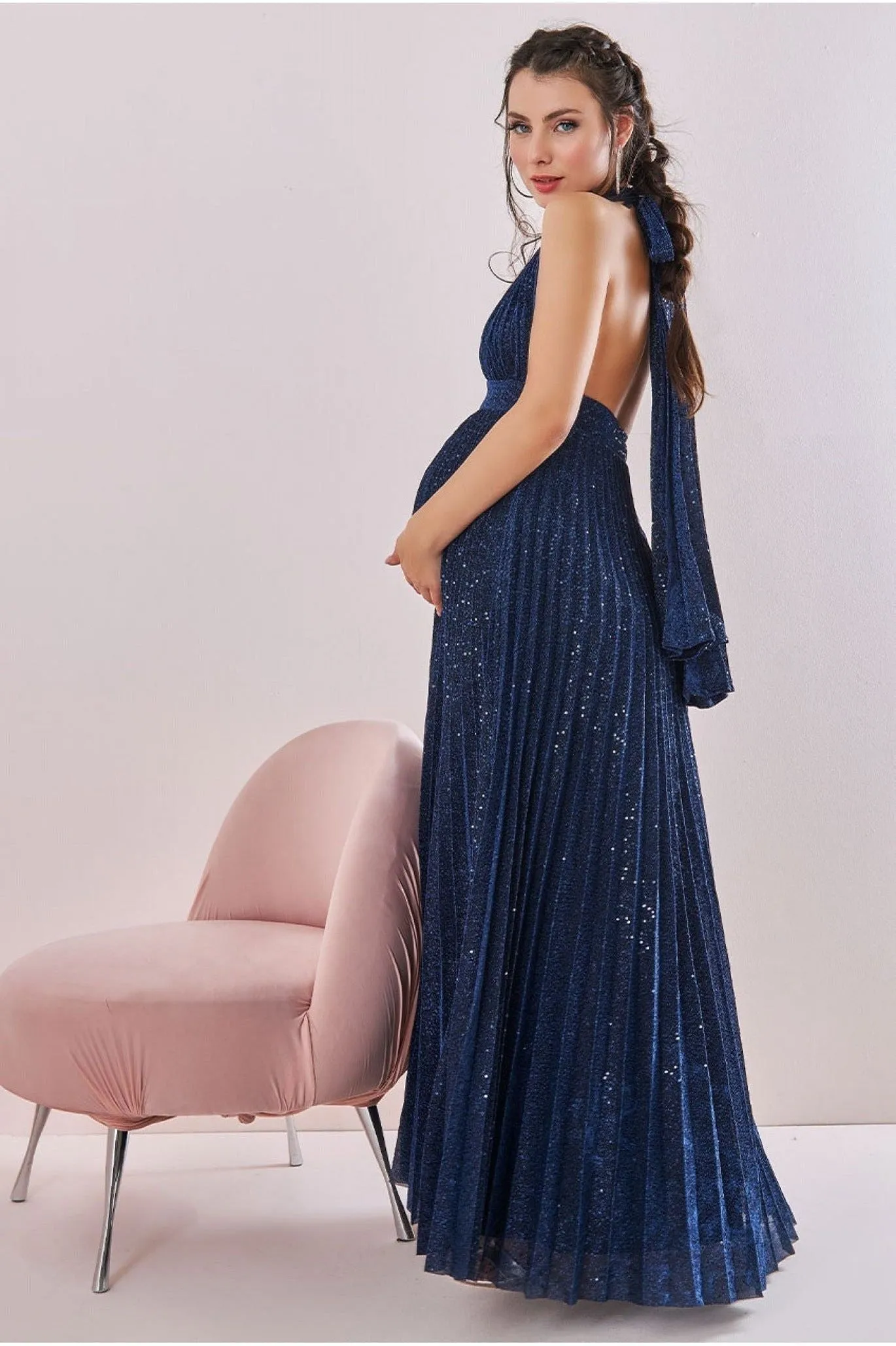 Goddiva Maternity Halter Sequin Lurex Maxi Navy