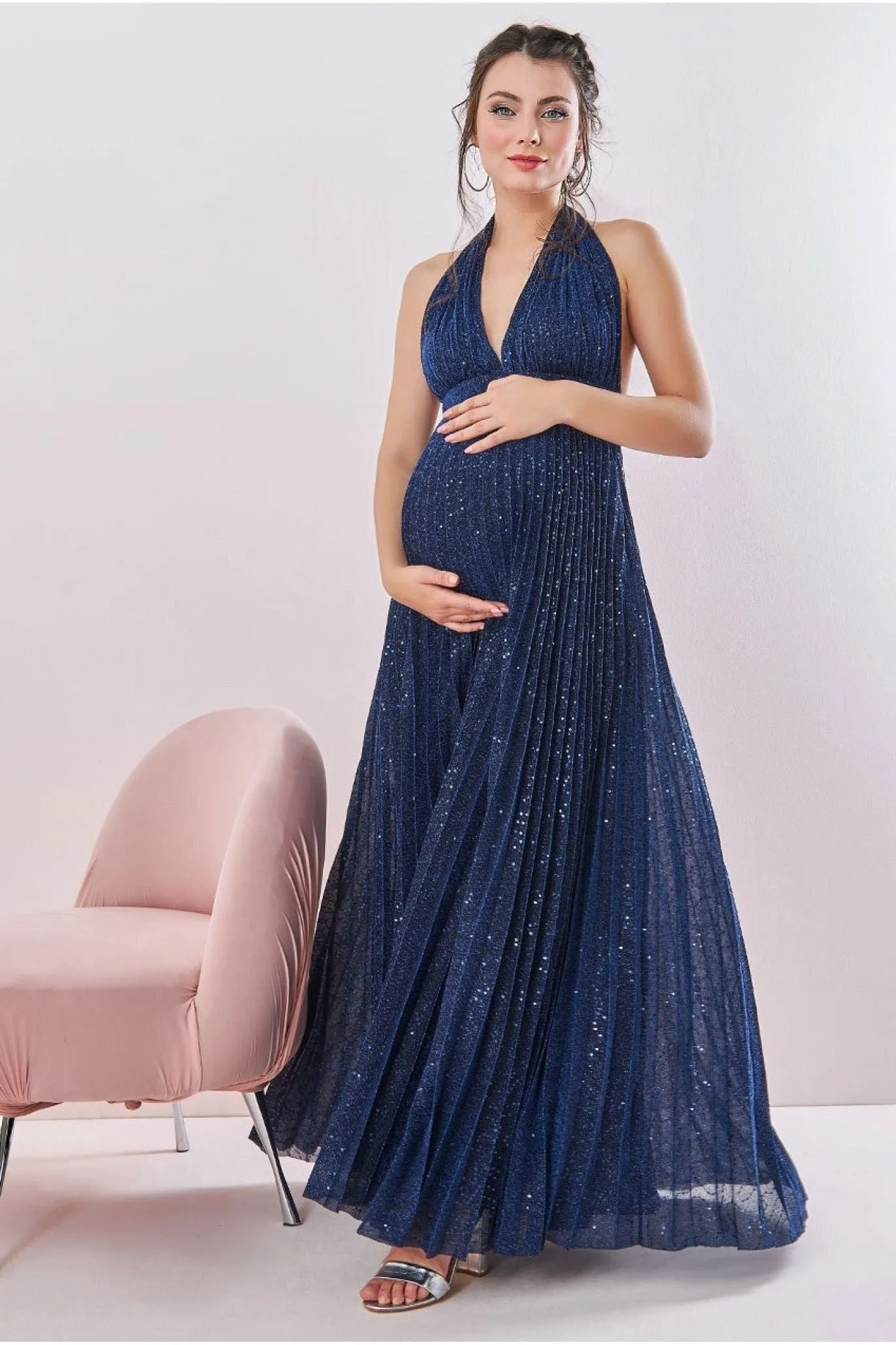 Goddiva Maternity Halter Sequin Lurex Maxi Navy