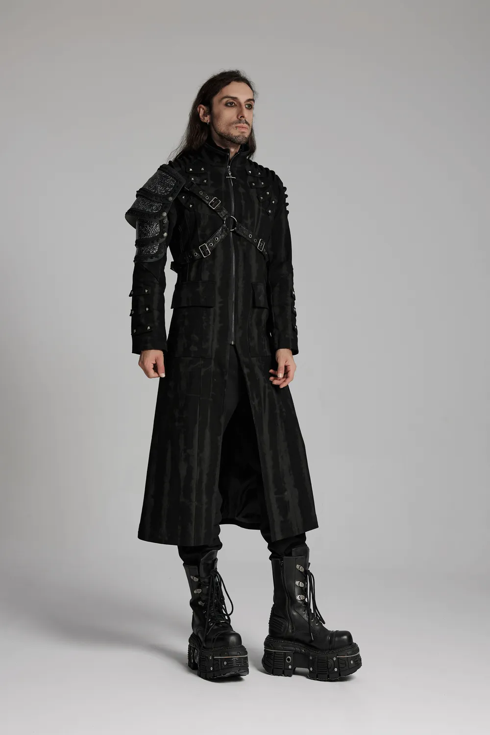 Gothic Tie-Dye Long Coat with Rivet and Mesh Details