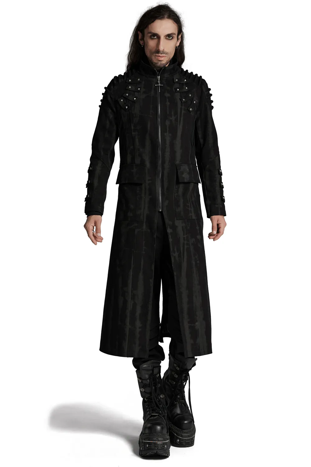 Gothic Tie-Dye Long Coat with Rivet and Mesh Details