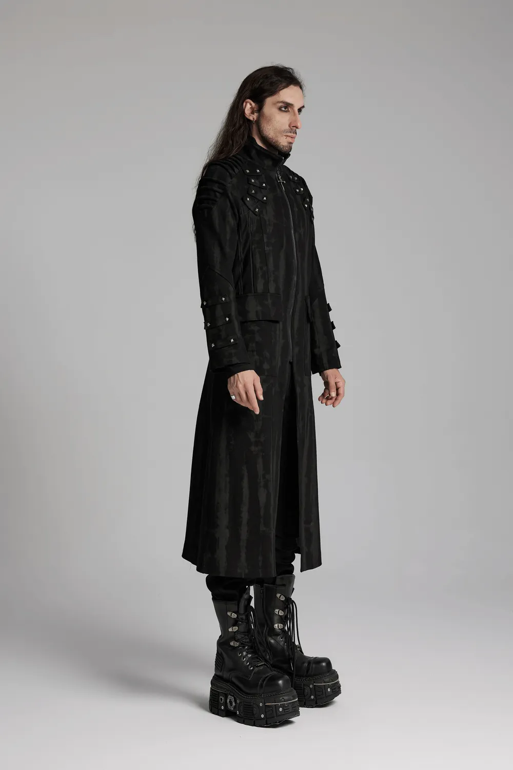 Gothic Tie-Dye Long Coat with Rivet and Mesh Details