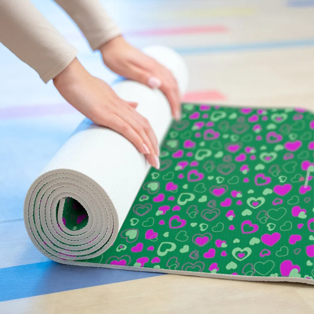 Green Heart Foam Yoga Mat, Hearts Pattern Best Lightweight 0.25" thick Mat - Printed in USA (Size: 24″x72")