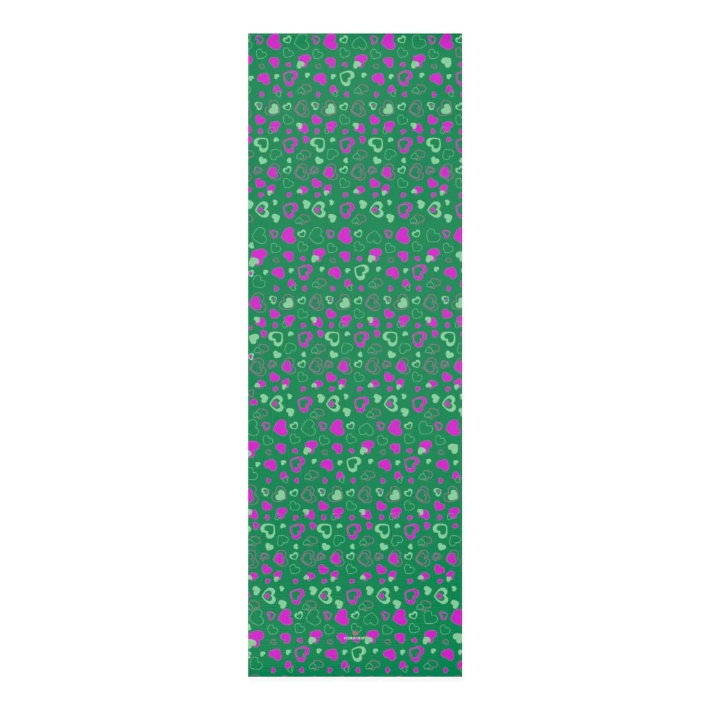 Green Heart Foam Yoga Mat, Hearts Pattern Best Lightweight 0.25" thick Mat - Printed in USA (Size: 24″x72")