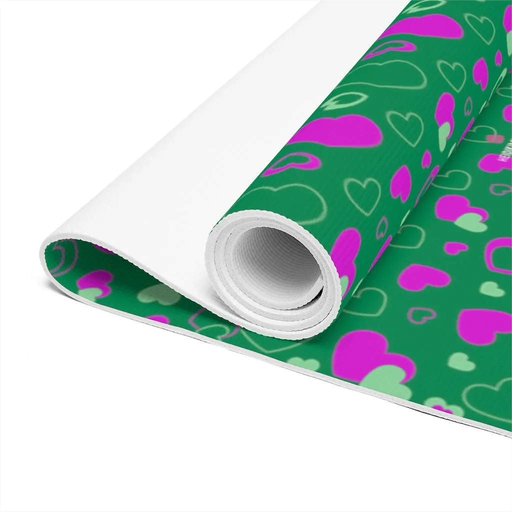 Green Heart Foam Yoga Mat, Hearts Pattern Best Lightweight 0.25" thick Mat - Printed in USA (Size: 24″x72")