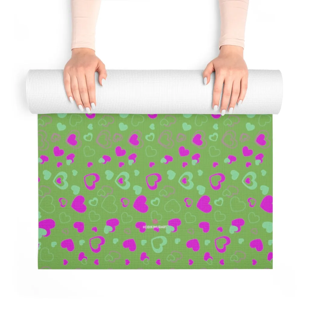 Green Hearts Foam Yoga Mat, Hearts Pattern Best Lightweight 0.25" thick Mat - Printed in USA (Size: 24″x72")