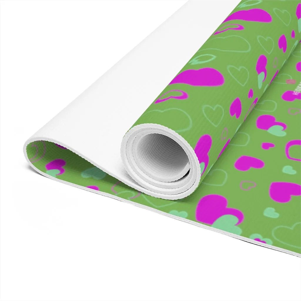 Green Hearts Foam Yoga Mat, Hearts Pattern Best Lightweight 0.25" thick Mat - Printed in USA (Size: 24″x72")