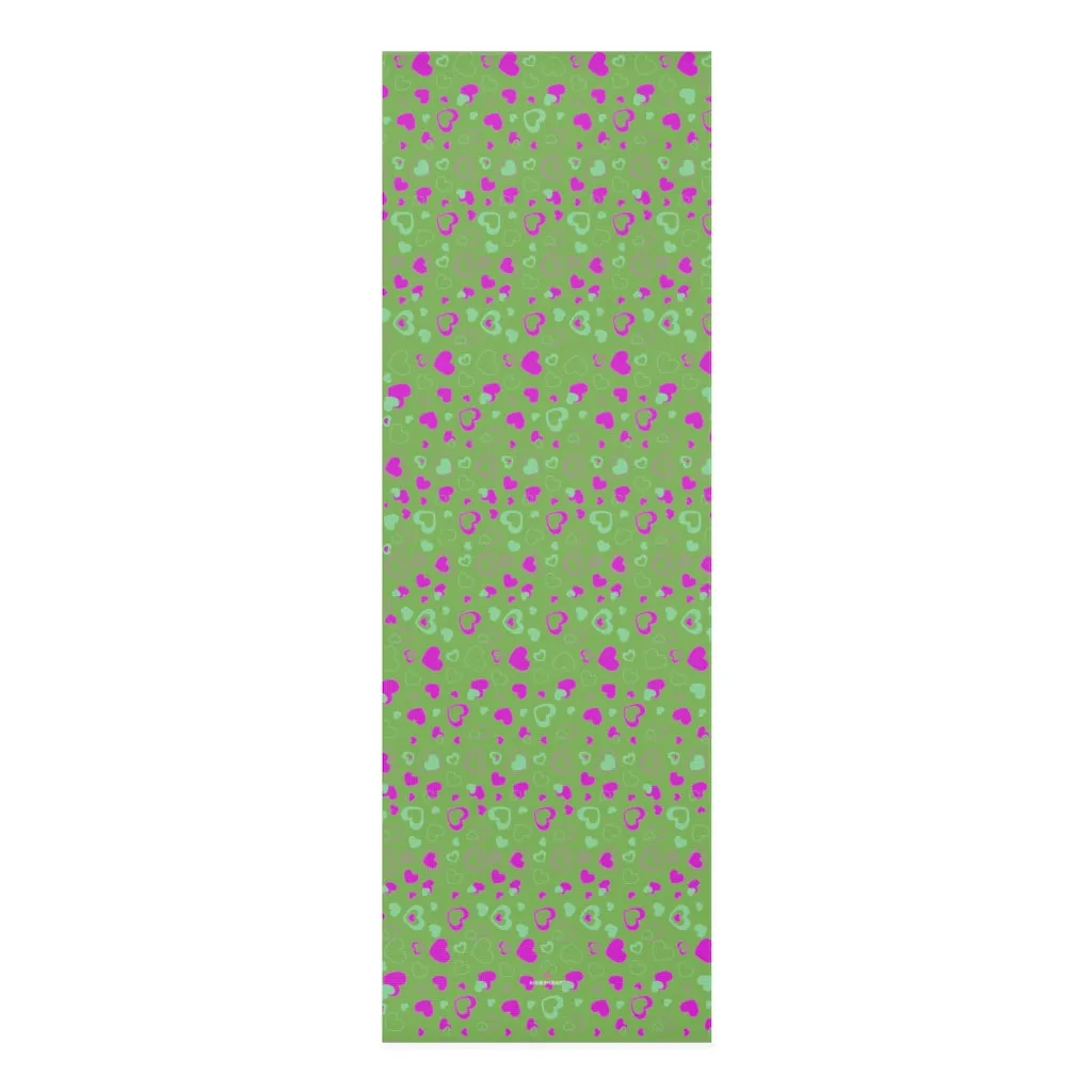 Green Hearts Foam Yoga Mat, Hearts Pattern Best Lightweight 0.25" thick Mat - Printed in USA (Size: 24″x72")