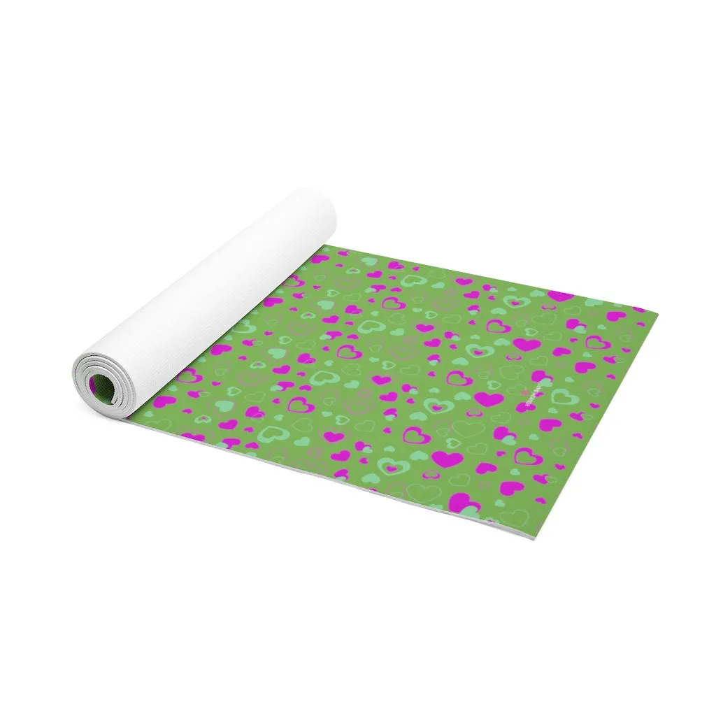 Green Hearts Foam Yoga Mat, Hearts Pattern Best Lightweight 0.25" thick Mat - Printed in USA (Size: 24″x72")