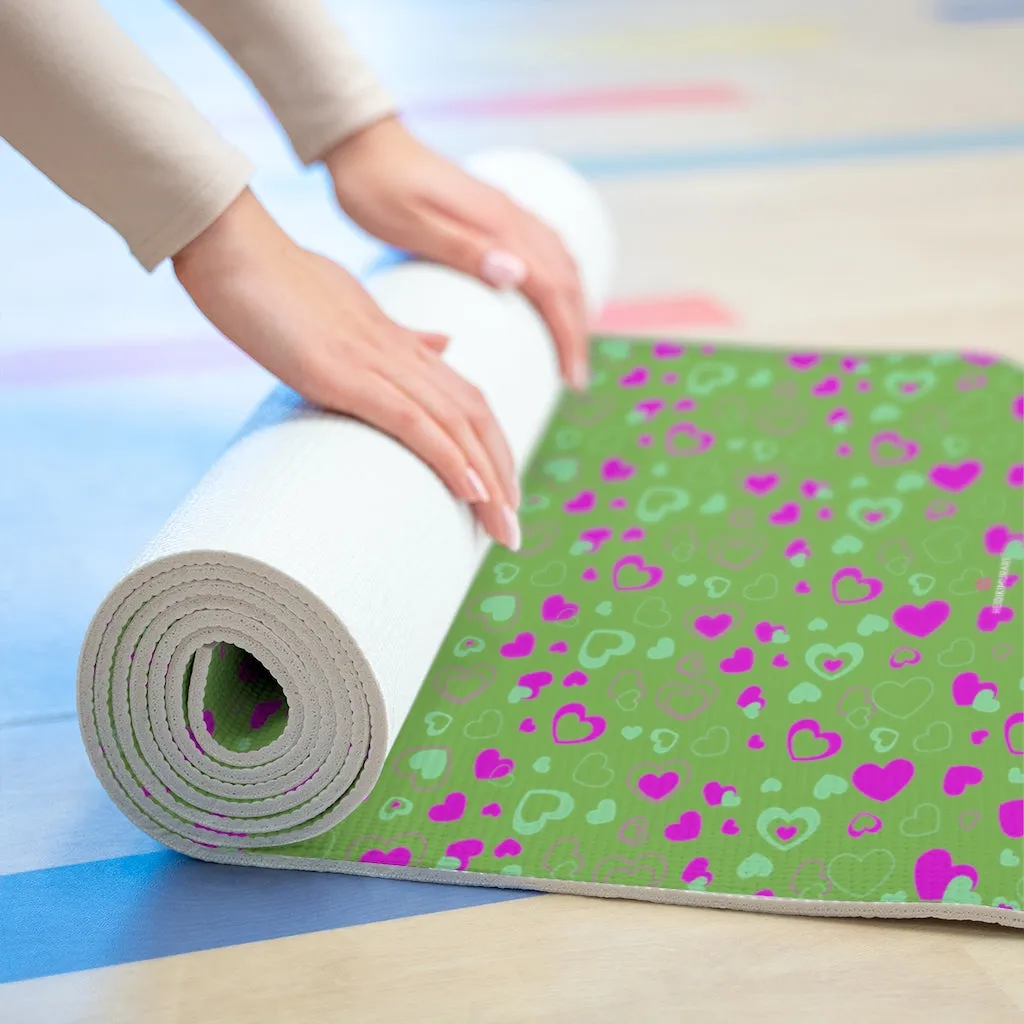 Green Hearts Foam Yoga Mat, Hearts Pattern Best Lightweight 0.25" thick Mat - Printed in USA (Size: 24″x72")