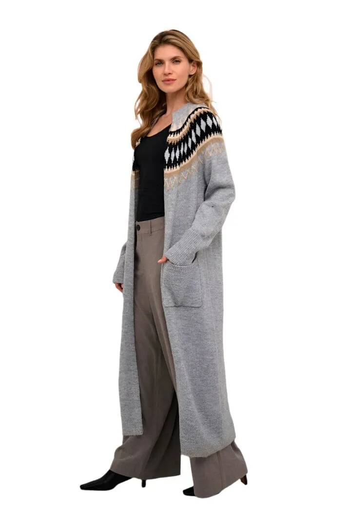 GREY AZTEC KNIT LONG CARDIGAN