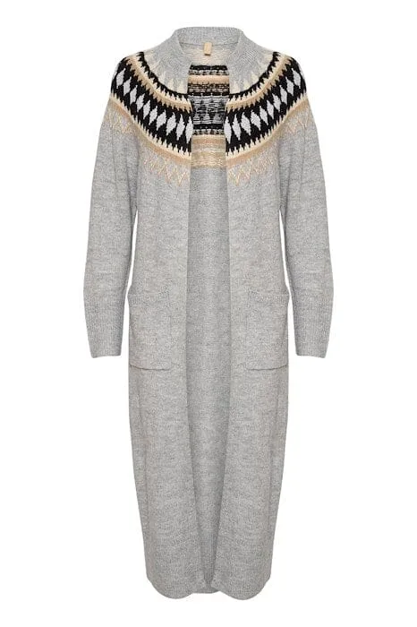 GREY AZTEC KNIT LONG CARDIGAN