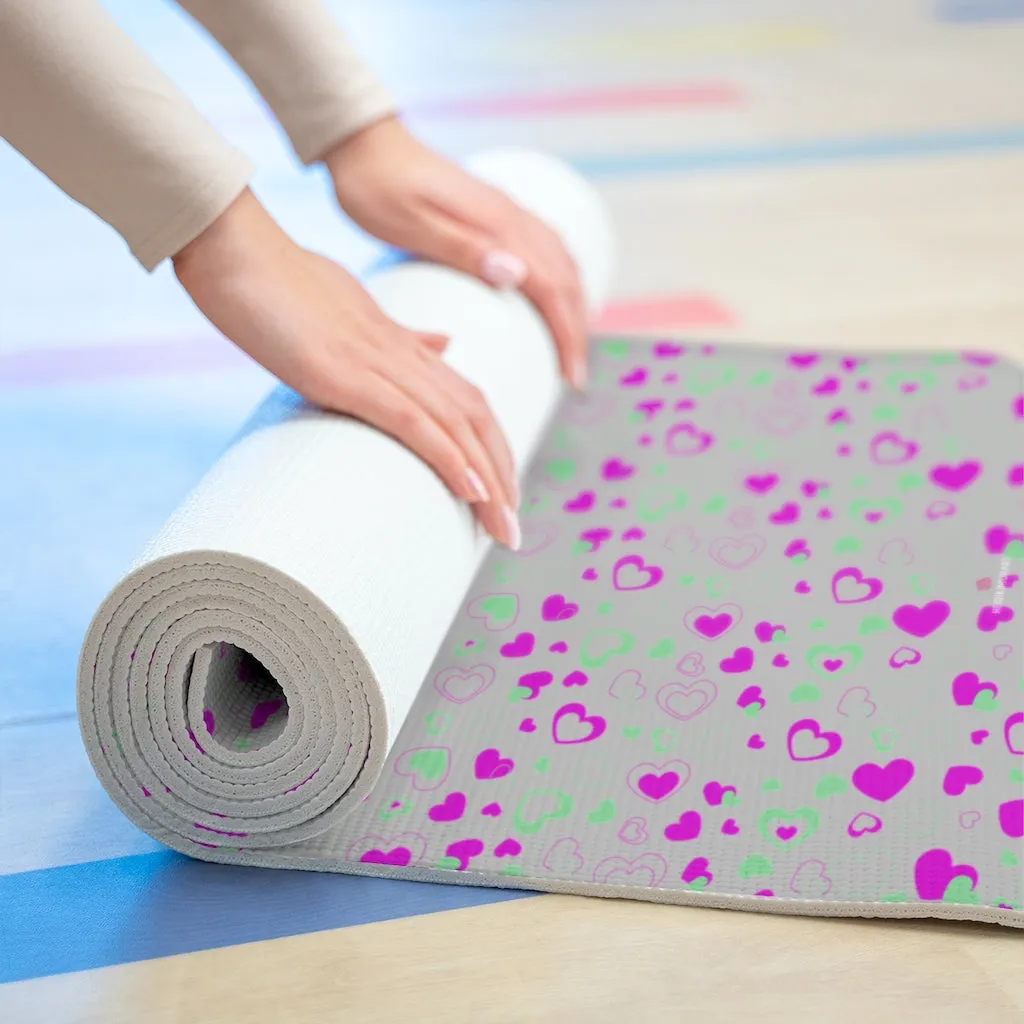 Grey Hearts Foam Yoga Mat, Hearts Pattern Best Lightweight 0.25" thick Mat - Printed in USA (Size: 24″x72")