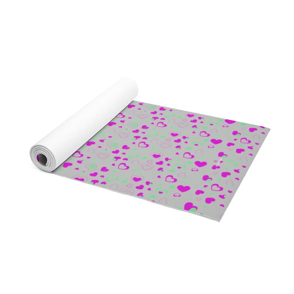 Grey Hearts Foam Yoga Mat, Hearts Pattern Best Lightweight 0.25" thick Mat - Printed in USA (Size: 24″x72")