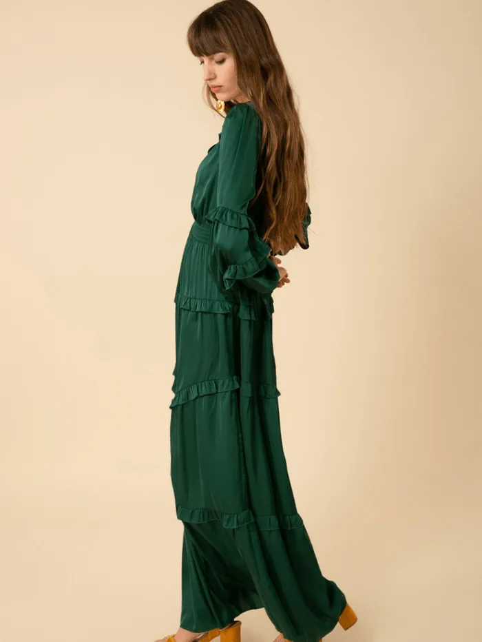 Hale Bob Charmeuse Mathilde Tiered Maxi Dress In Emerald Green 38TJ604S