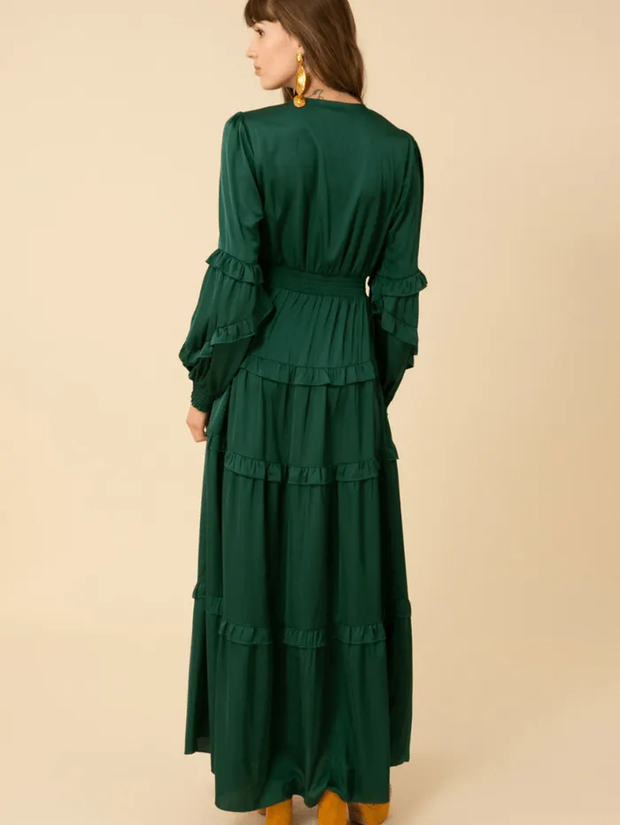 Hale Bob Charmeuse Mathilde Tiered Maxi Dress In Emerald Green 38TJ604S