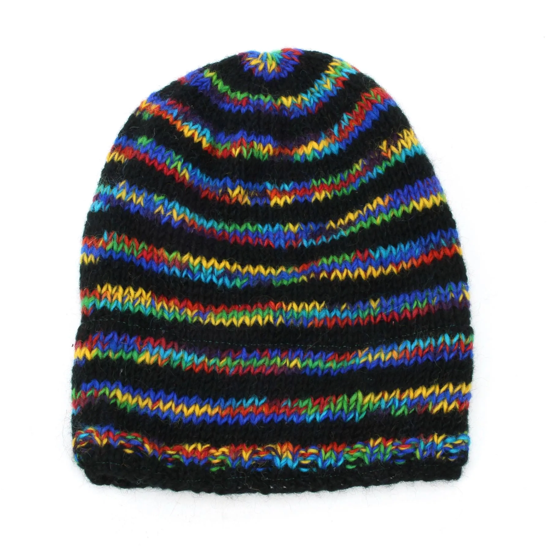 Hand Knitted Baggy Slouch Beanie Hat - Stripe Black Rainbow SD