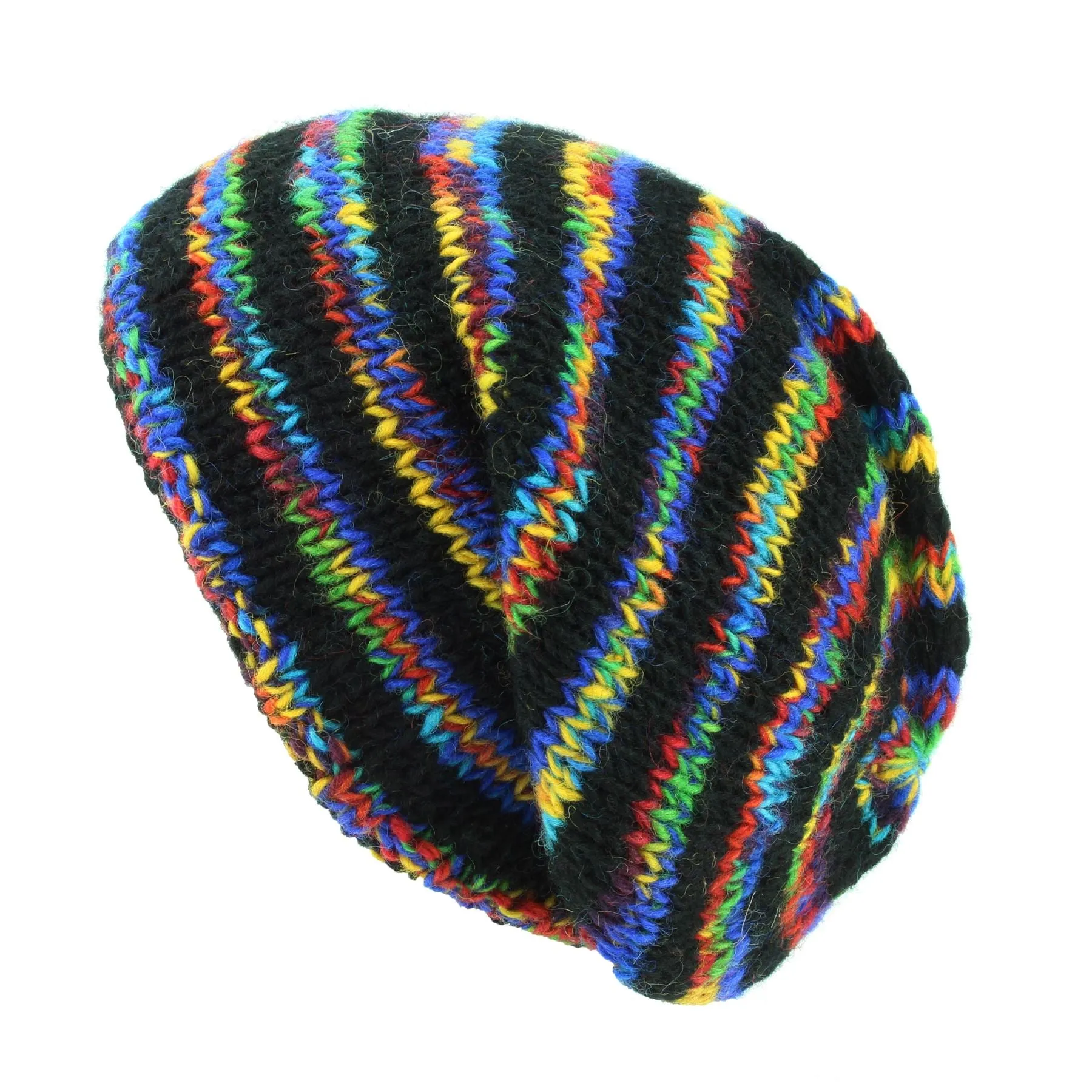 Hand Knitted Baggy Slouch Beanie Hat - Stripe Black Rainbow SD