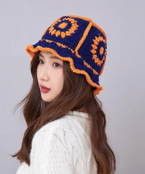 Handmade Blue Hollow Out Knit Bucket Hat