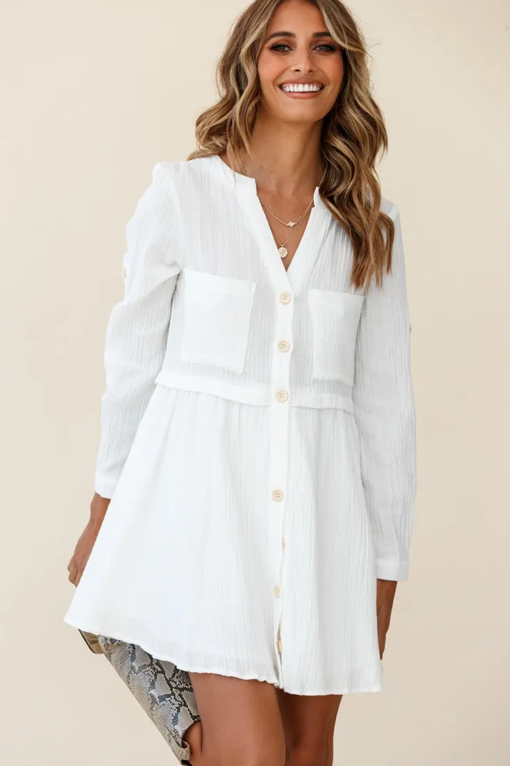 Holly Long Sleeve Double Pocket Shirt Dress White