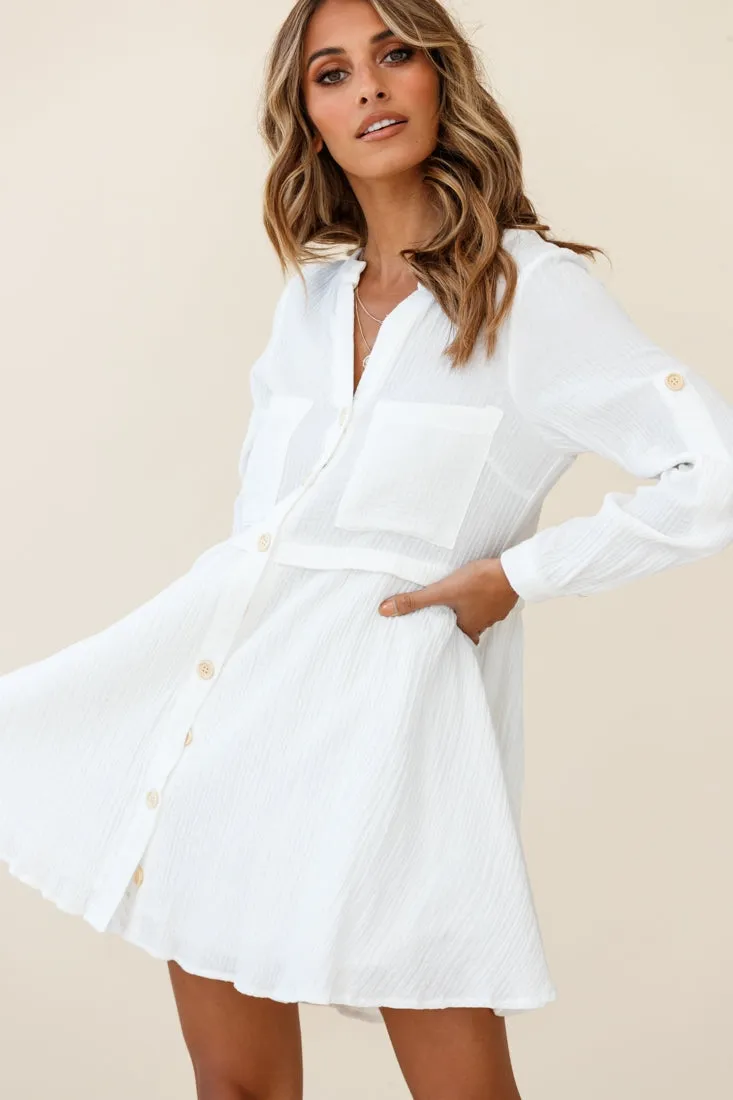 Holly Long Sleeve Double Pocket Shirt Dress White