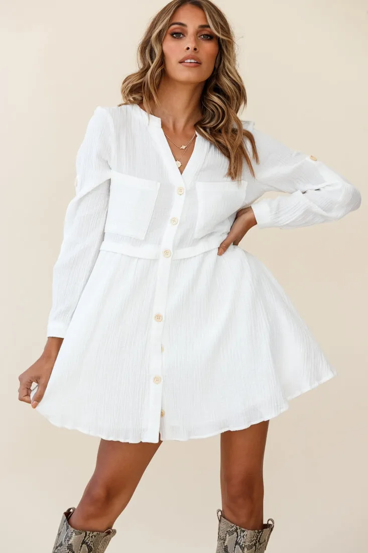 Holly Long Sleeve Double Pocket Shirt Dress White