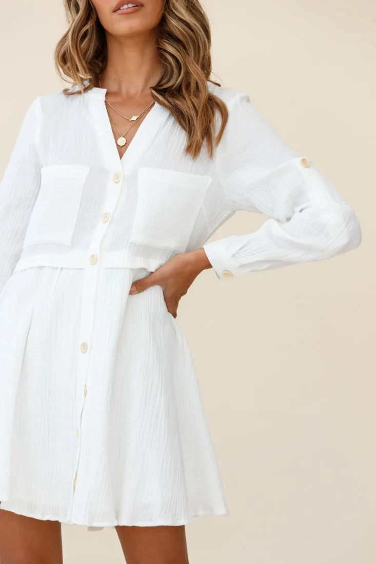 Holly Long Sleeve Double Pocket Shirt Dress White