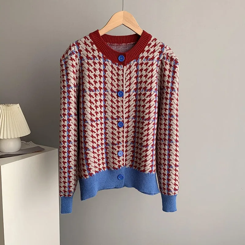 Houndstooth Women Cardigan Sweater Fashion Plaid Loose Korean Single Breasted Patchwork Office Ladies Knitted Coat