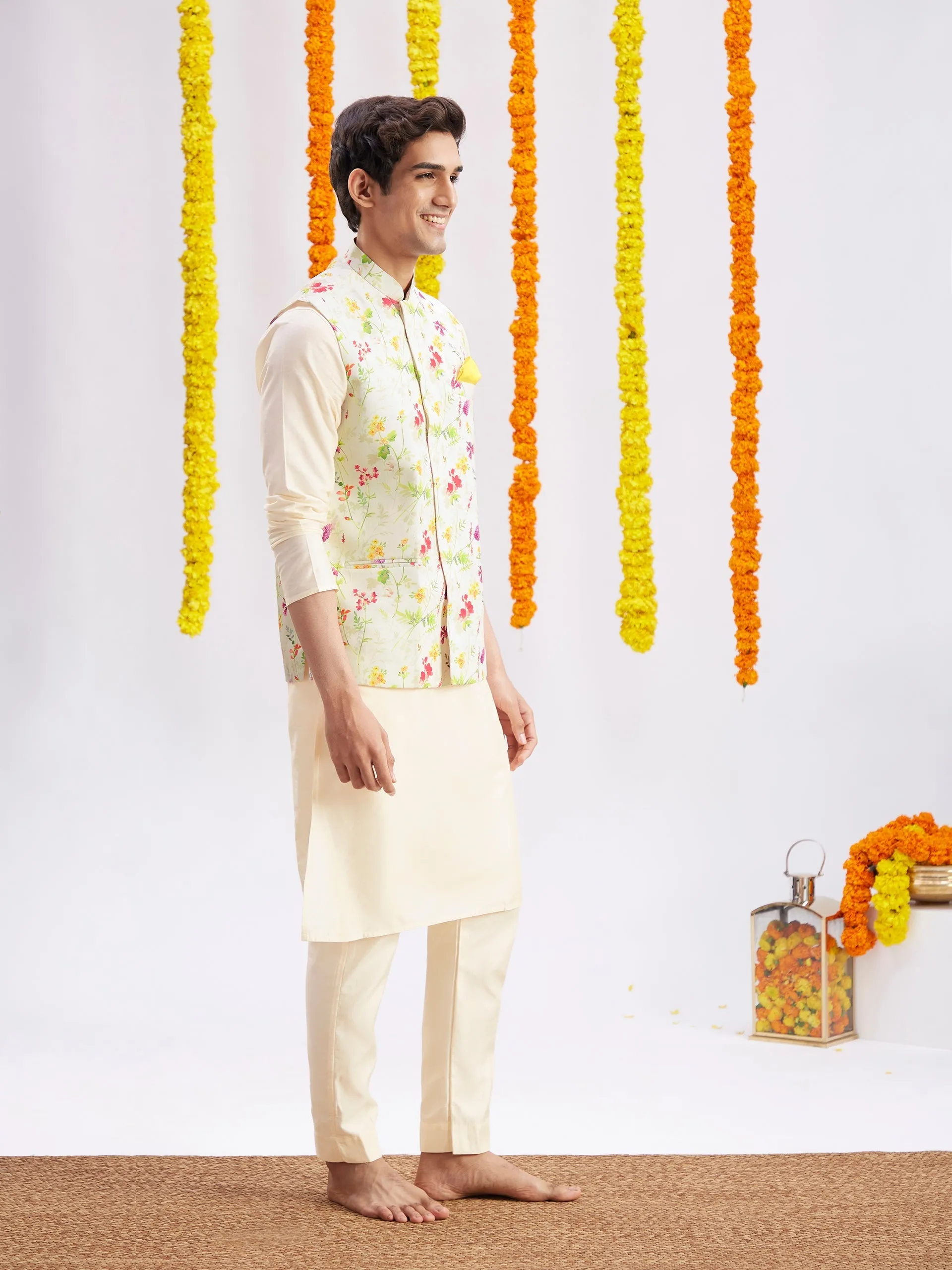 Jashvi Cream Printed Nehru Jacket And Cream Solid Kurta With Pyjama Set