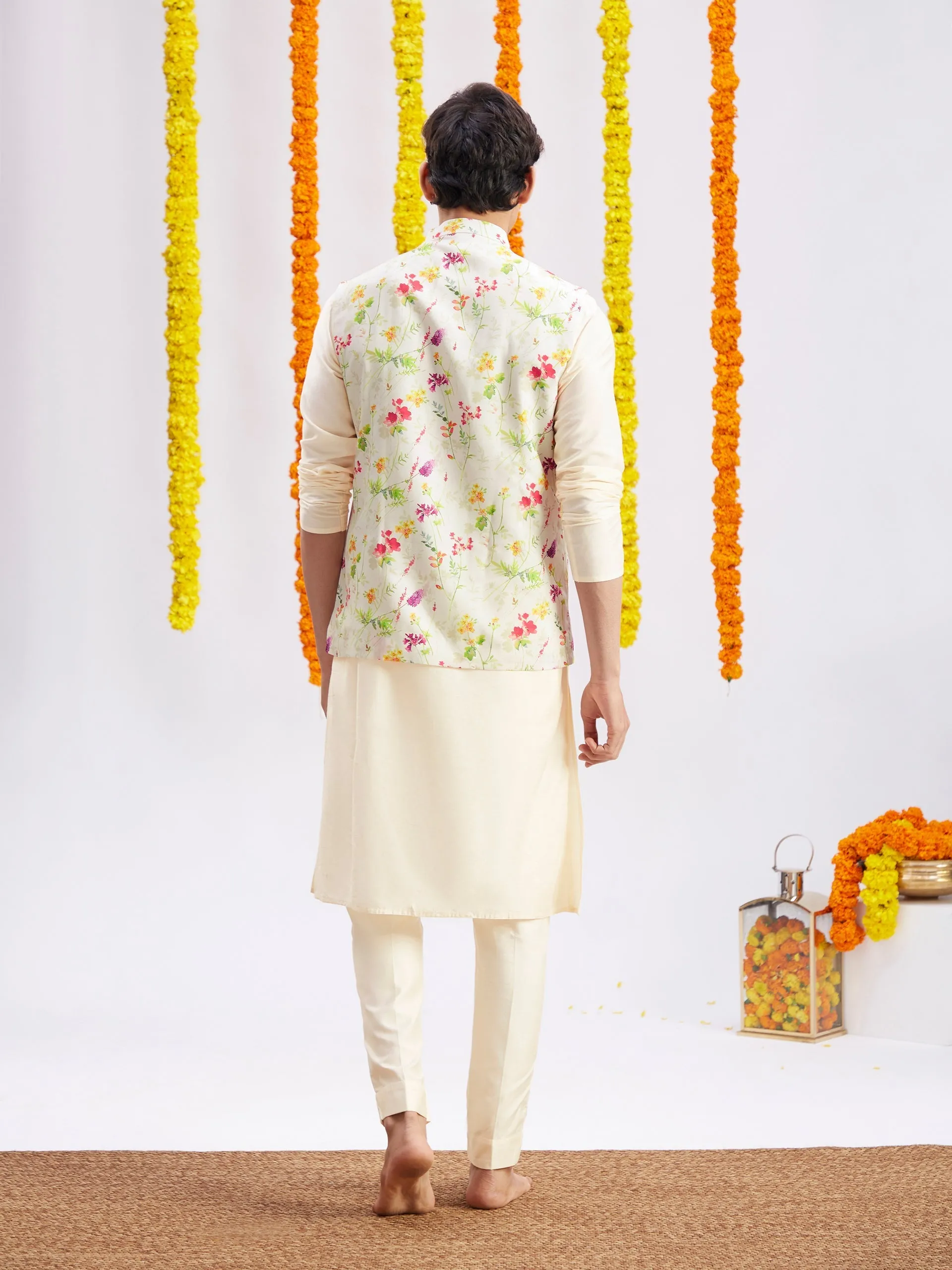 Jashvi Cream Printed Nehru Jacket And Cream Solid Kurta With Pyjama Set