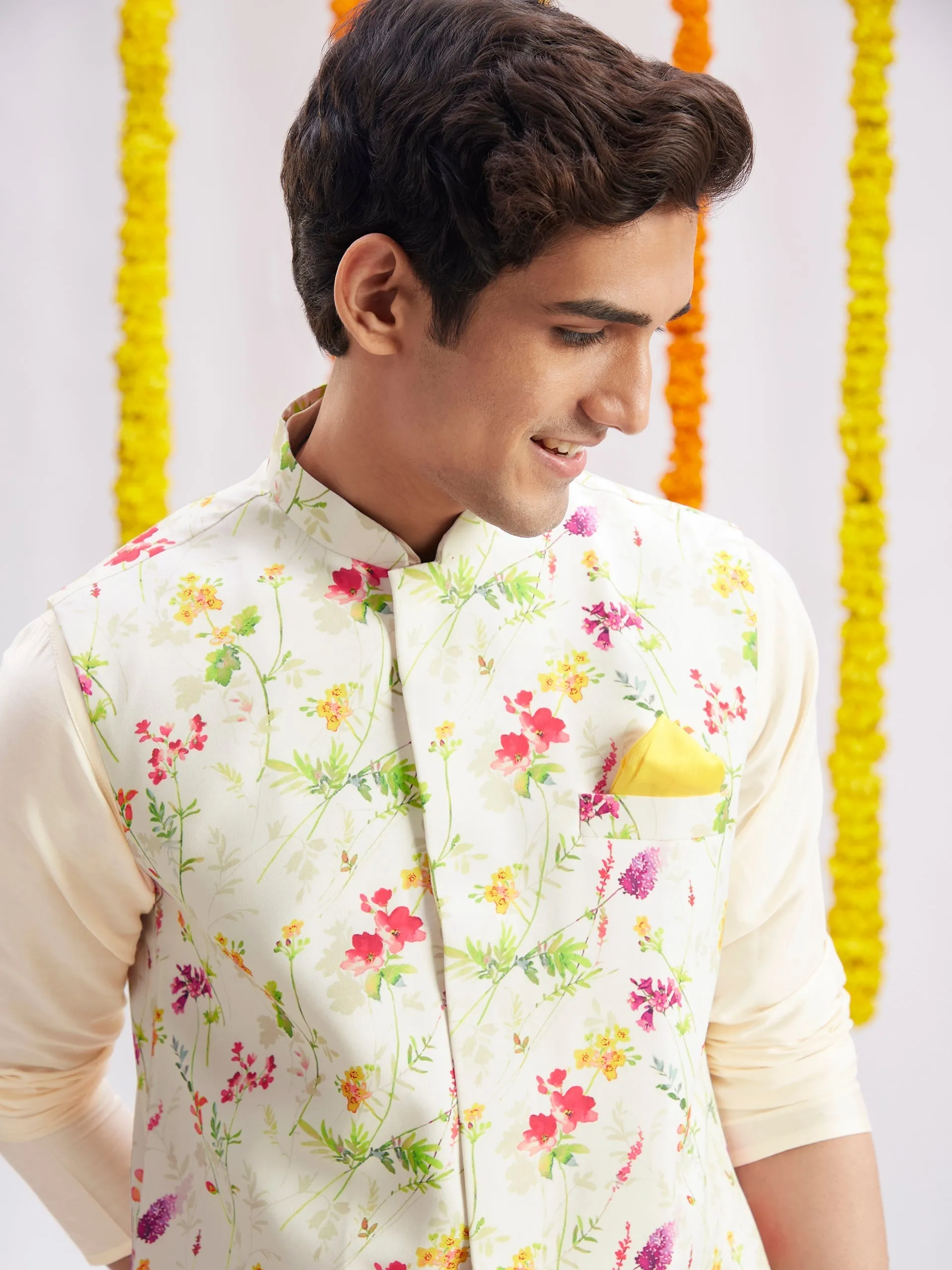 Jashvi Cream Printed Nehru Jacket And Cream Solid Kurta With Pyjama Set