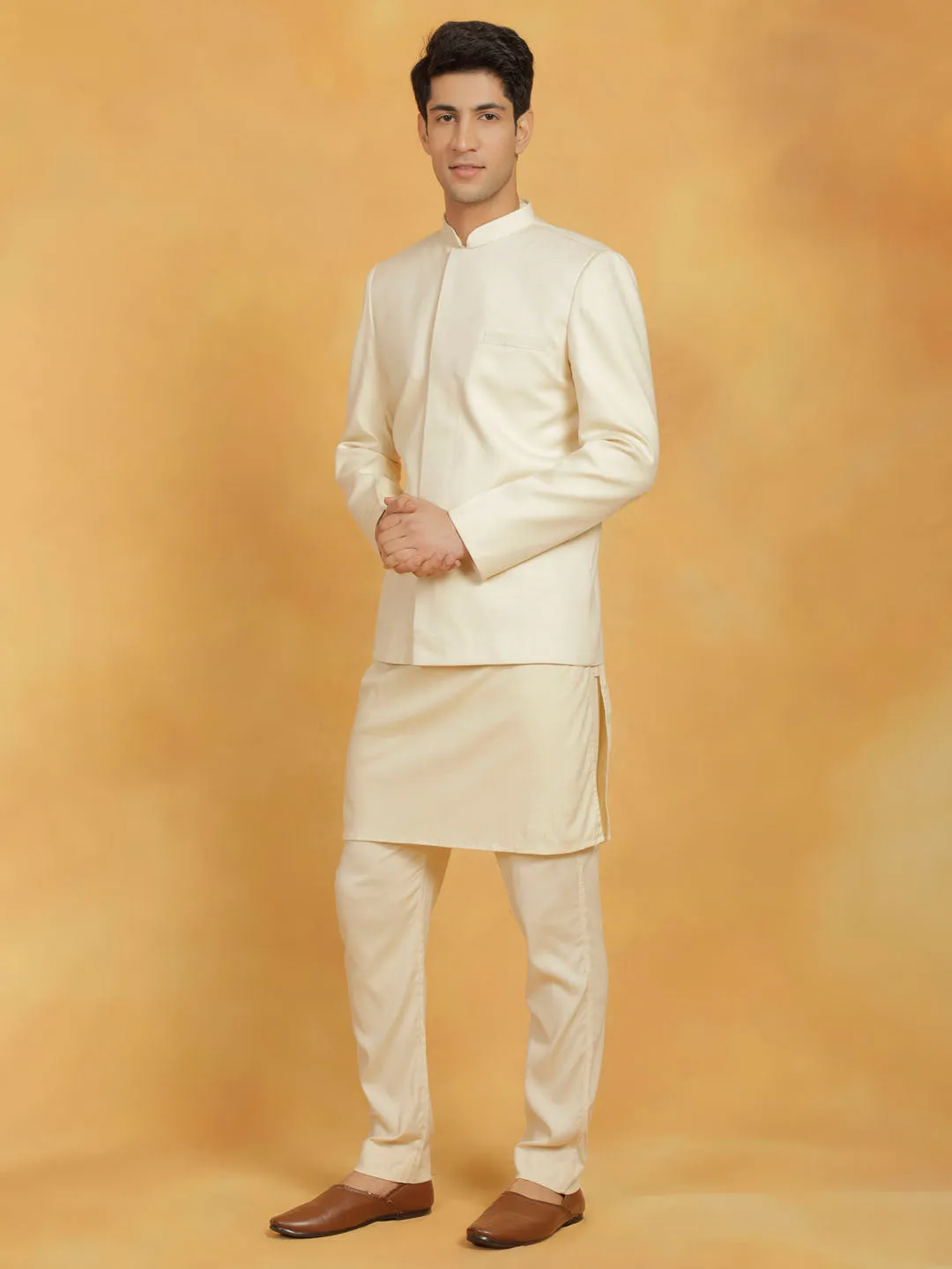 Jashvi Men's Cream Linen Cotton jodhpuri, Kurta and Pyjama Set