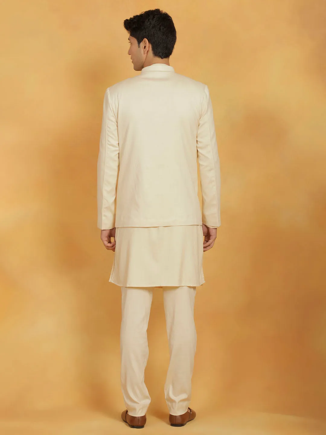 Jashvi Men's Cream Linen Cotton jodhpuri, Kurta and Pyjama Set