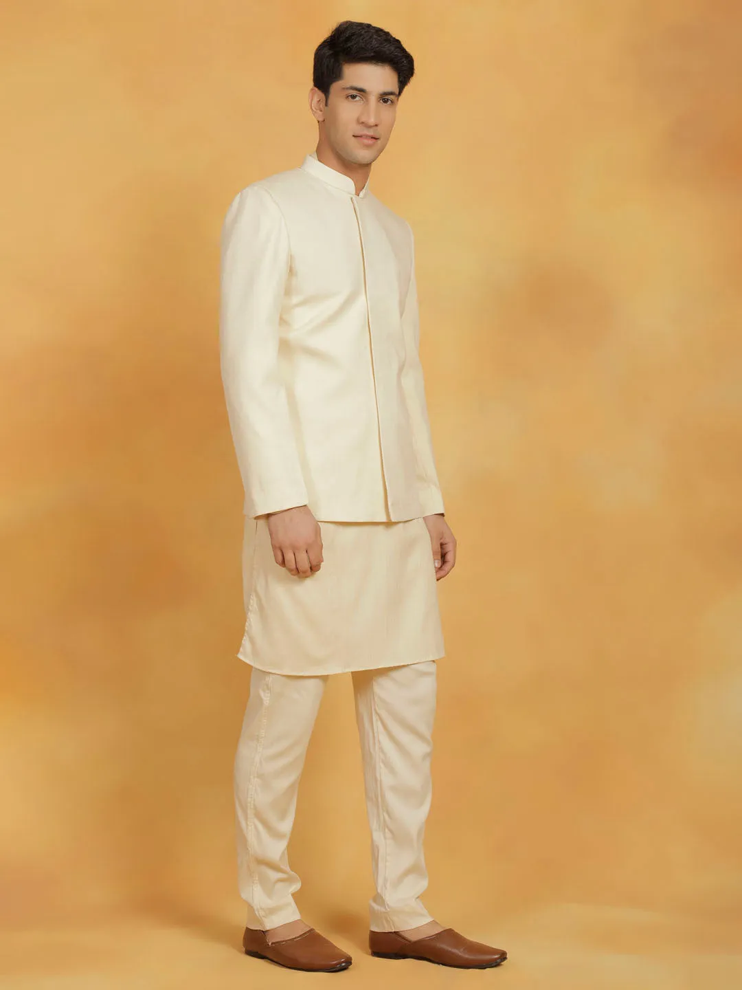 Jashvi Men's Cream Linen Cotton jodhpuri, Kurta and Pyjama Set