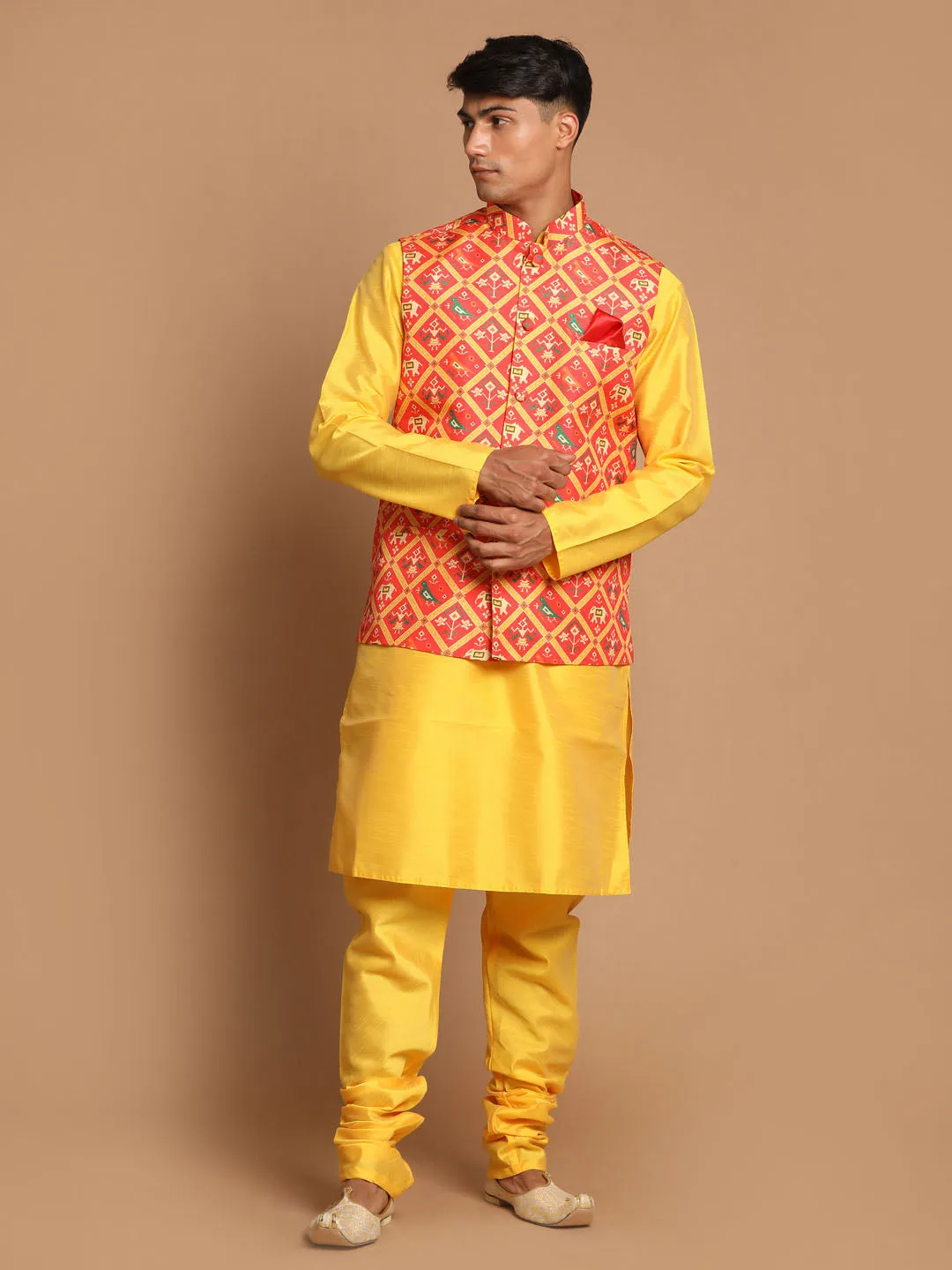 Jashvi Red Patola Print Nehru Jacket With Yellow  kurta Pyjama Set