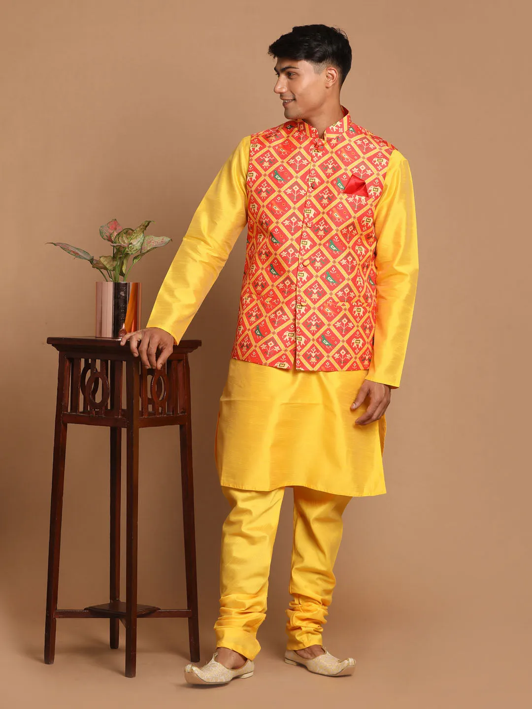 Jashvi Red Patola Print Nehru Jacket With Yellow  kurta Pyjama Set