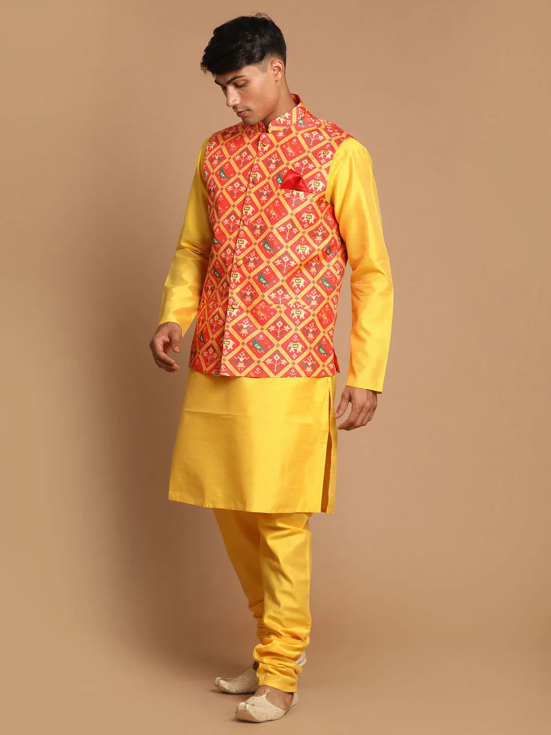 Jashvi Red Patola Print Nehru Jacket With Yellow  kurta Pyjama Set