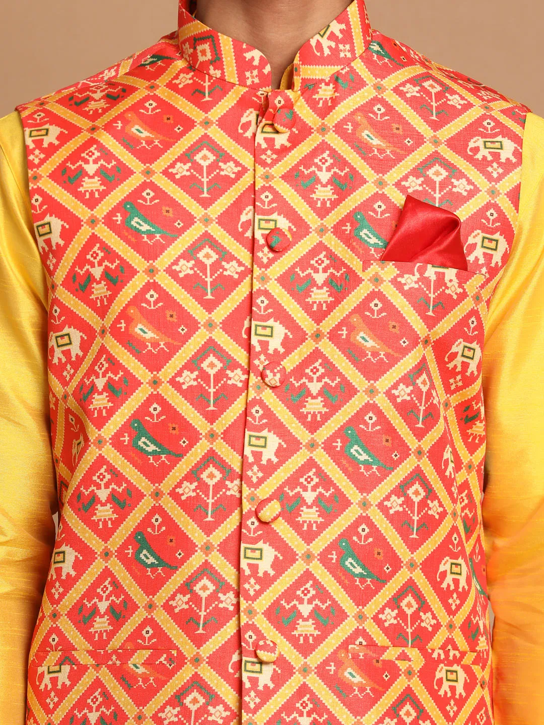 Jashvi Red Patola Print Nehru Jacket With Yellow  kurta Pyjama Set