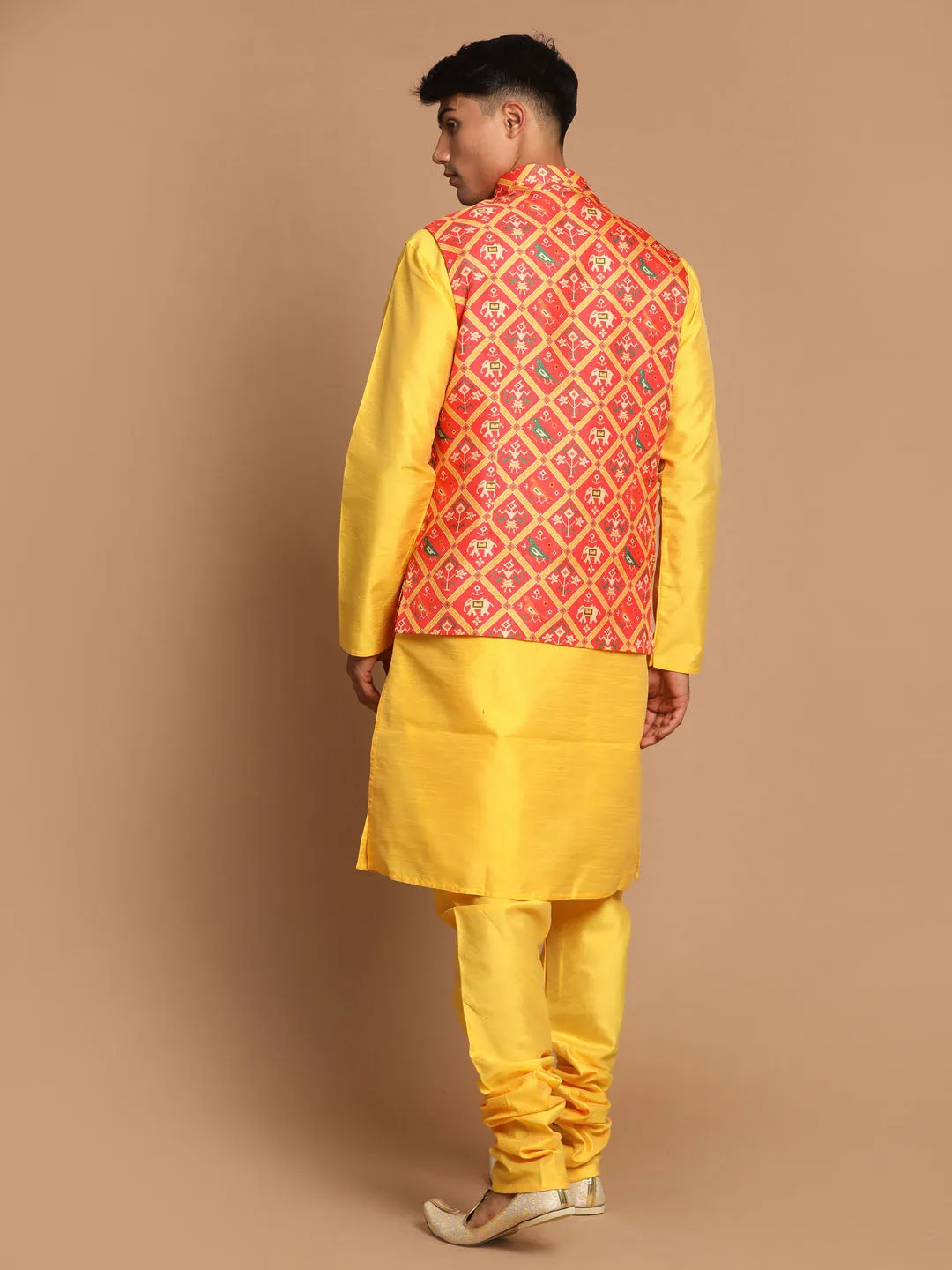 Jashvi Red Patola Print Nehru Jacket With Yellow  kurta Pyjama Set