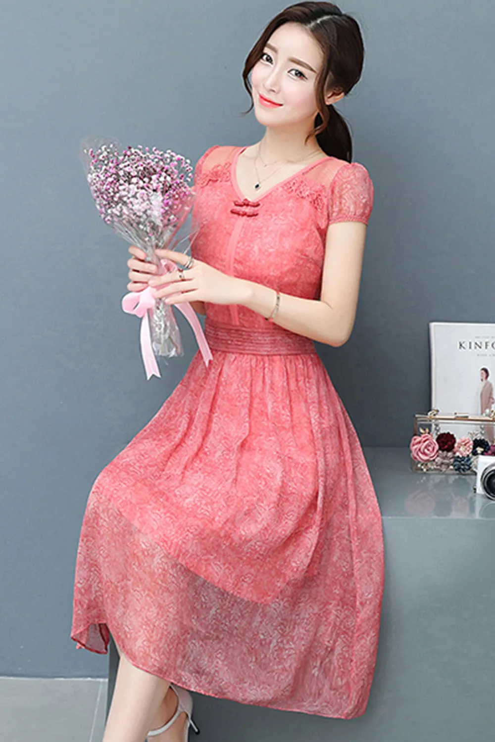 Ketty More Women Stylish Look Chiffon Lace Party Dress Pink-KMWD045