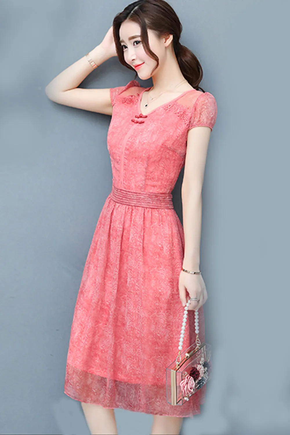 Ketty More Women Stylish Look Chiffon Lace Party Dress Pink-KMWD045