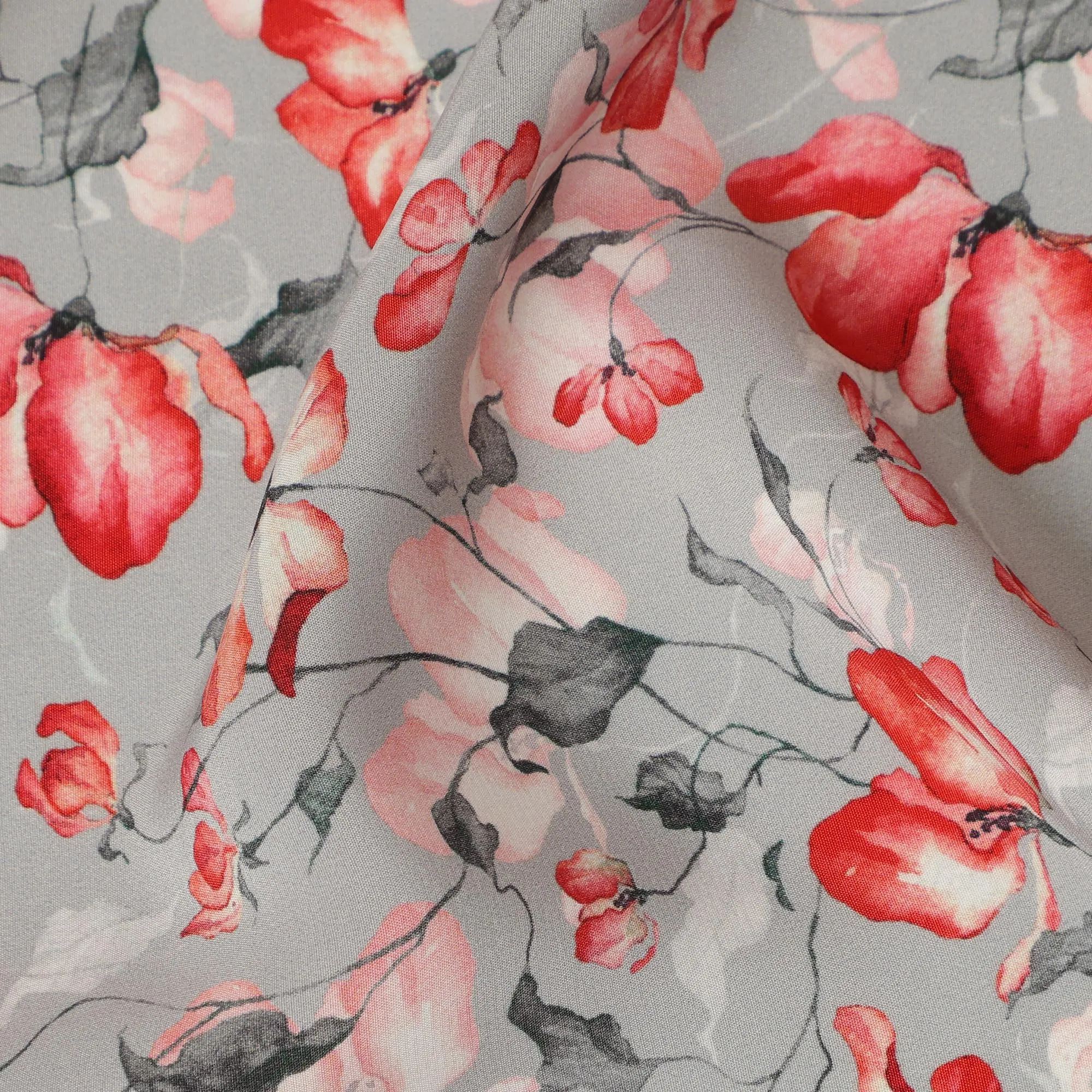 Light Grey Viscose Fabric with Red and Pink Floral Digital Print, 110 cm Width-D20624