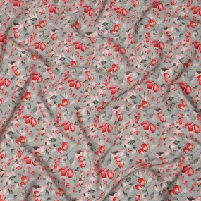 Light Grey Viscose Fabric with Red and Pink Floral Digital Print, 110 cm Width-D20624