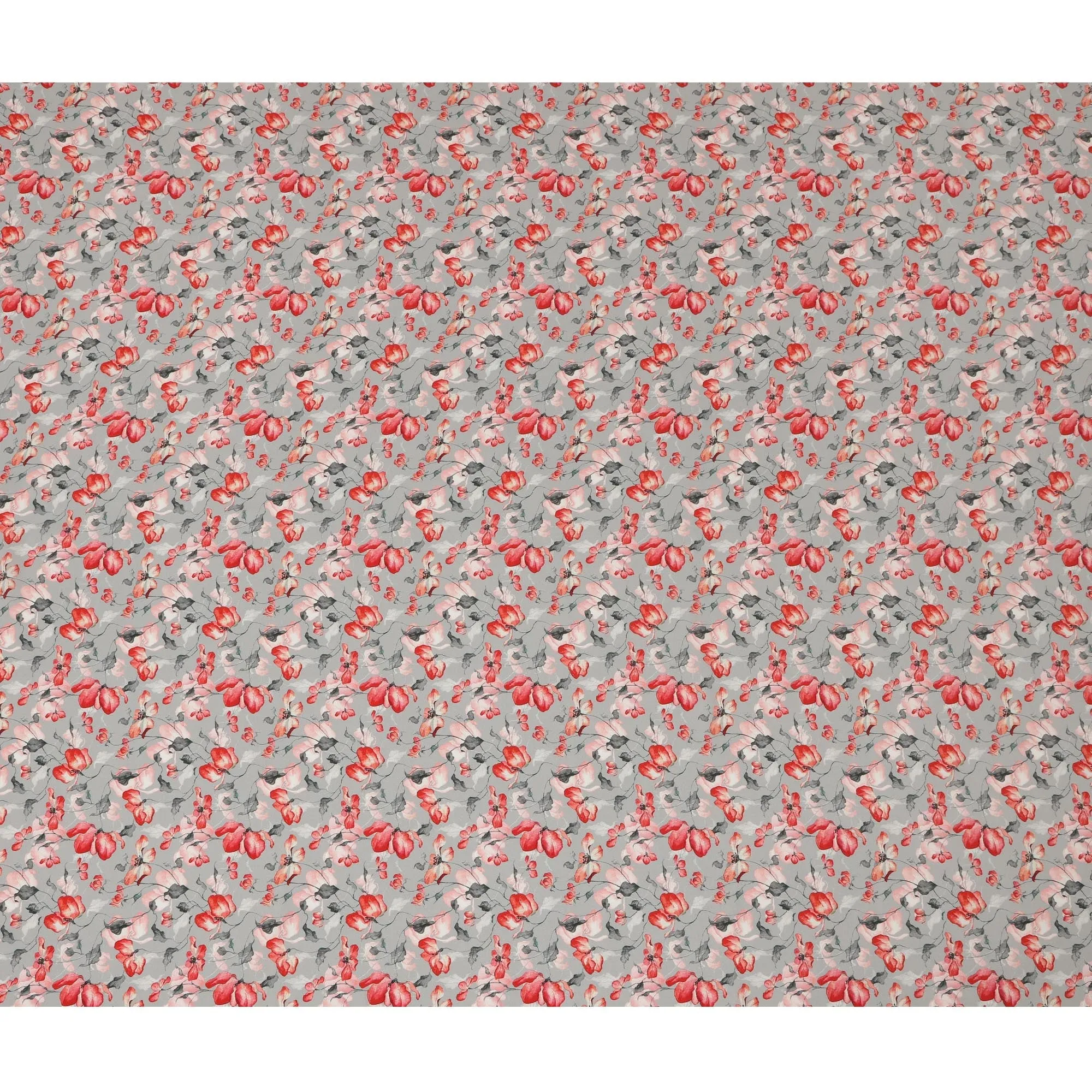 Light Grey Viscose Fabric with Red and Pink Floral Digital Print, 110 cm Width-D20624