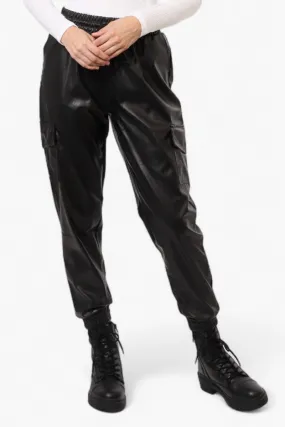 Limite Tie Waist Vegan Leather Cargo Jogger Pants - Black