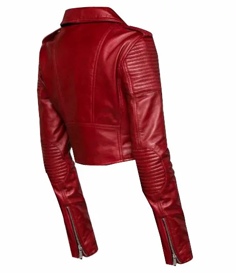 Martyna’s Red Crop Biker Leather Jacket With Waist Belt