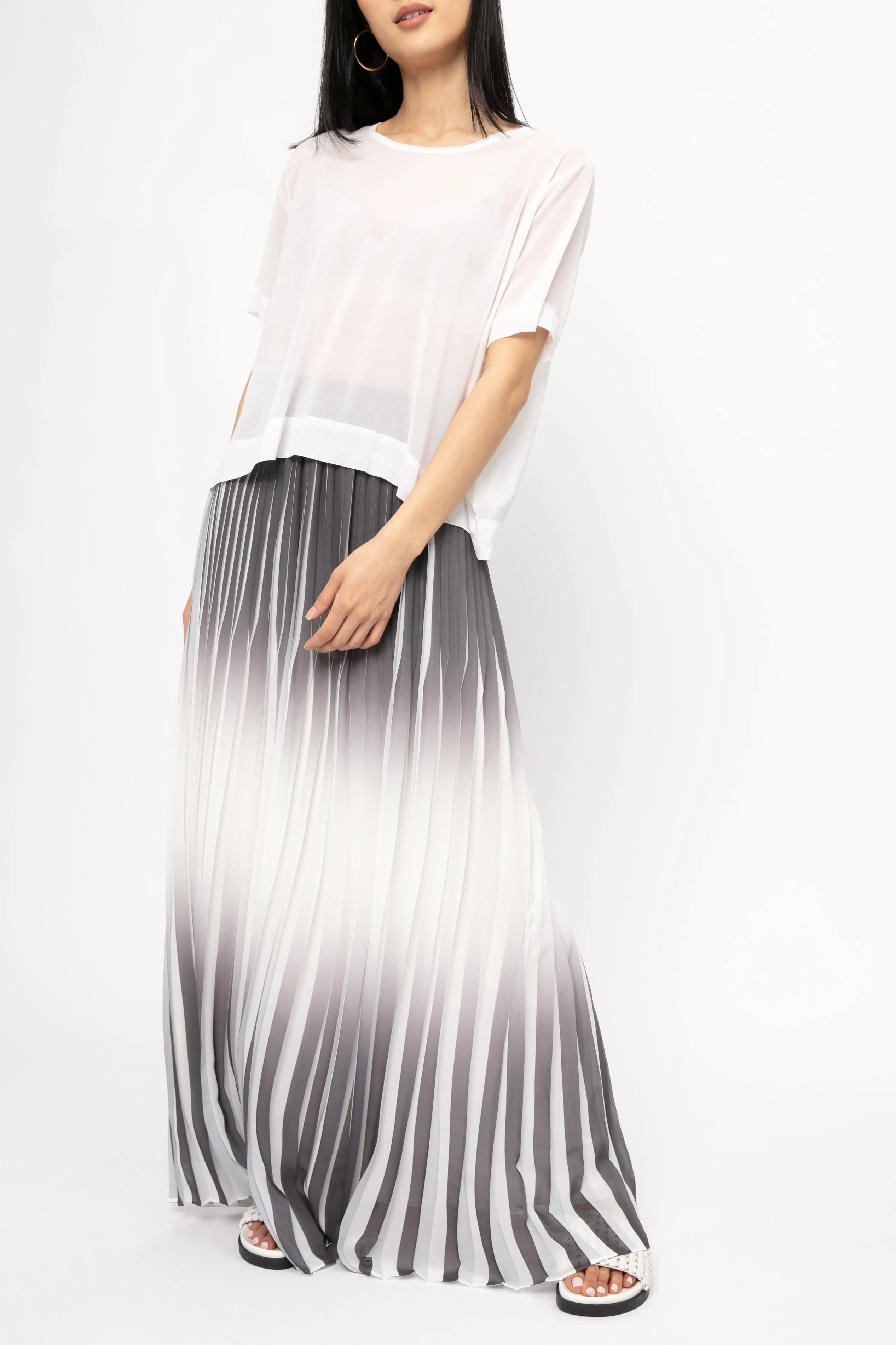 Maxi Plissé Skirt in White and Shadow Blue