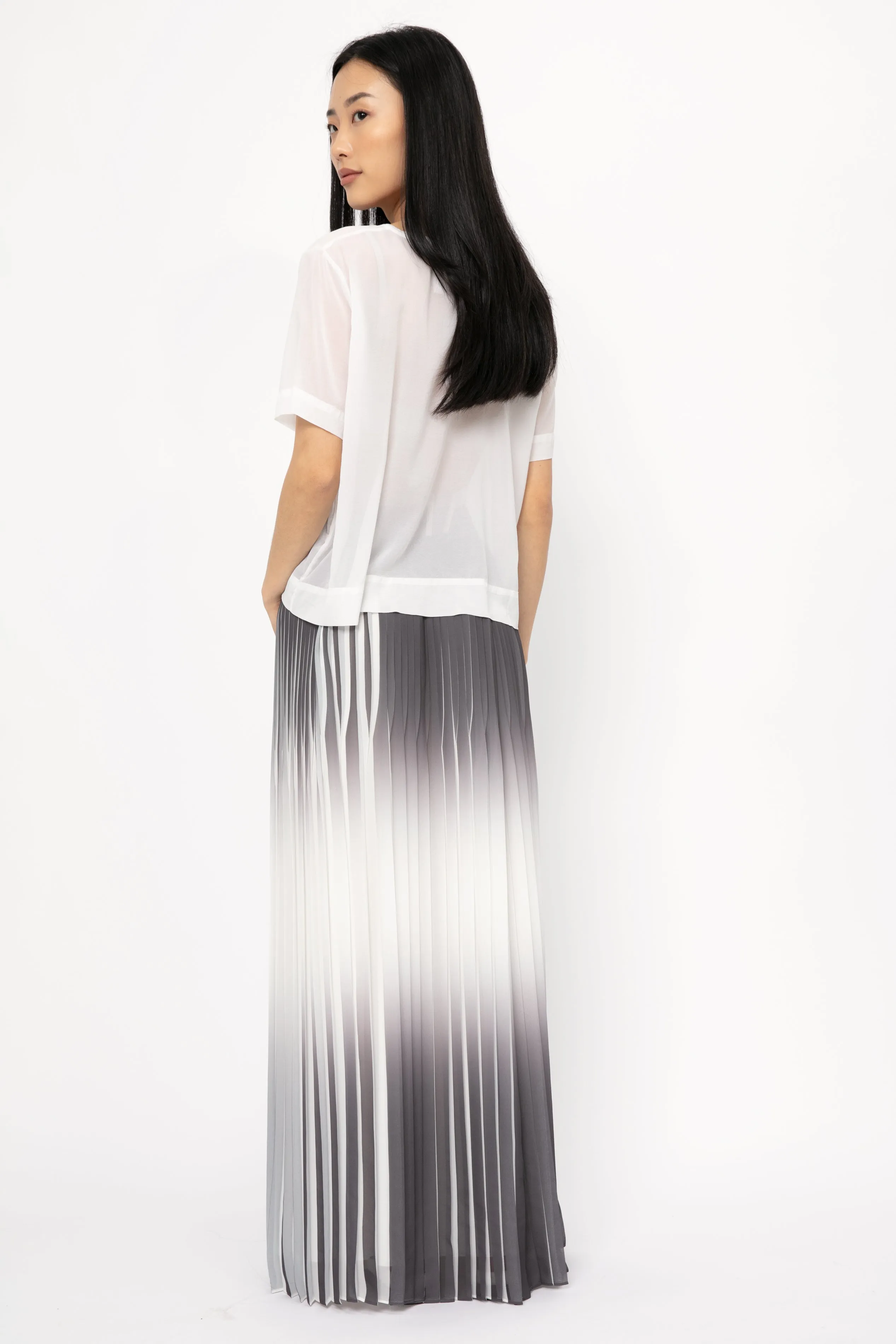 Maxi Plissé Skirt in White and Shadow Blue