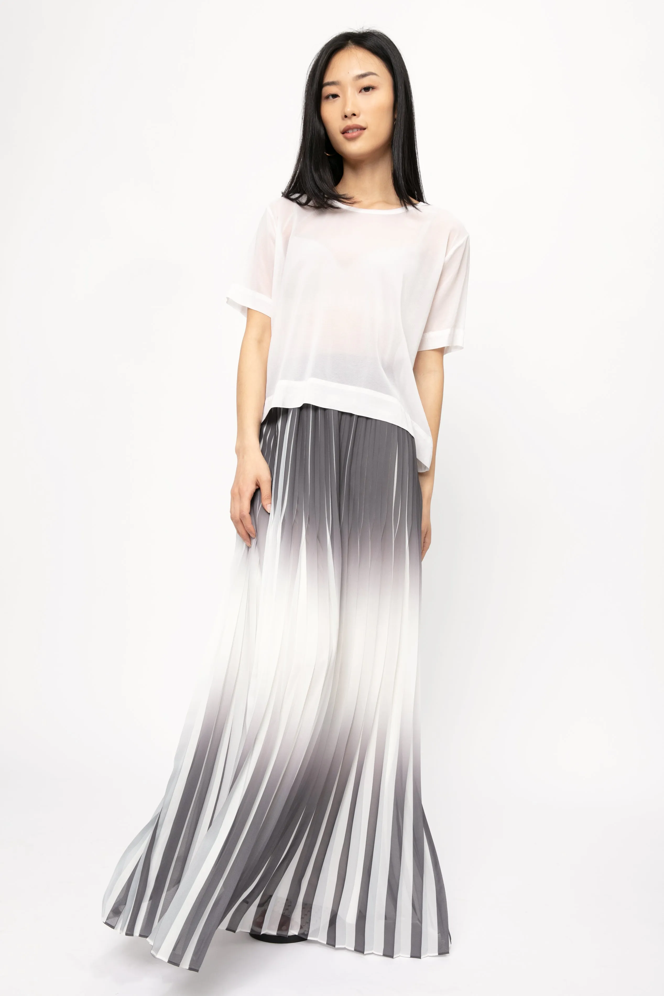 Maxi Plissé Skirt in White and Shadow Blue