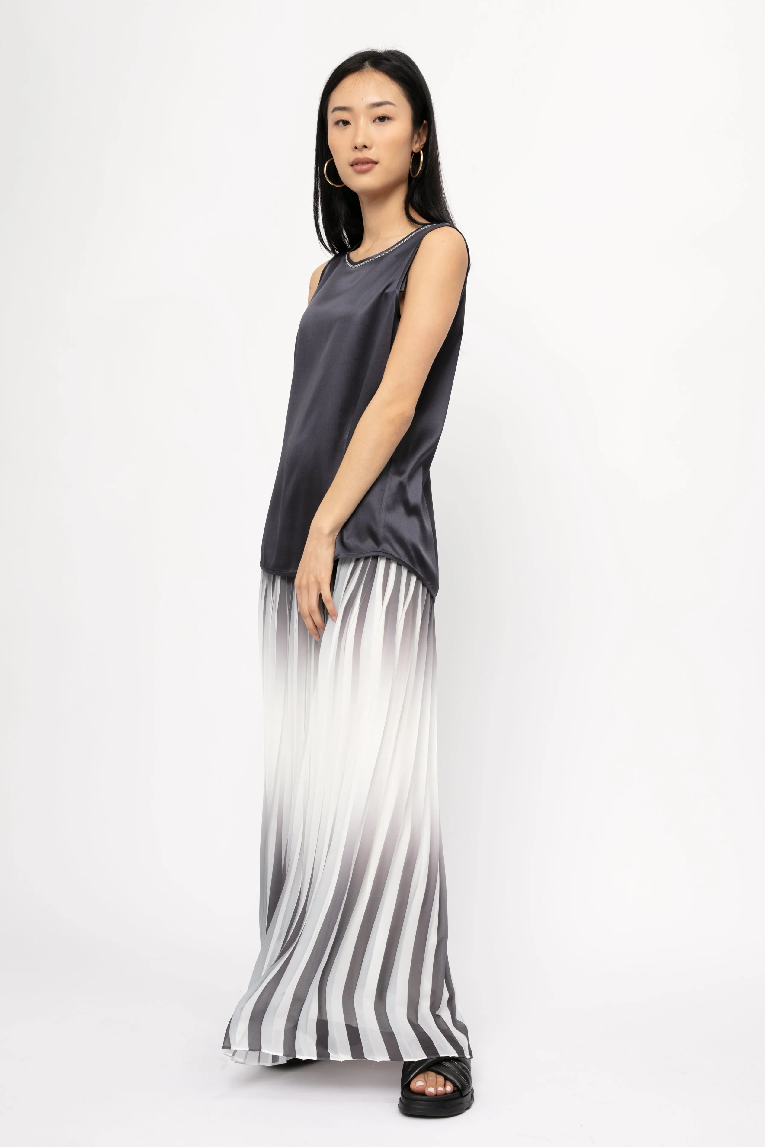 Maxi Plissé Skirt in White and Shadow Blue